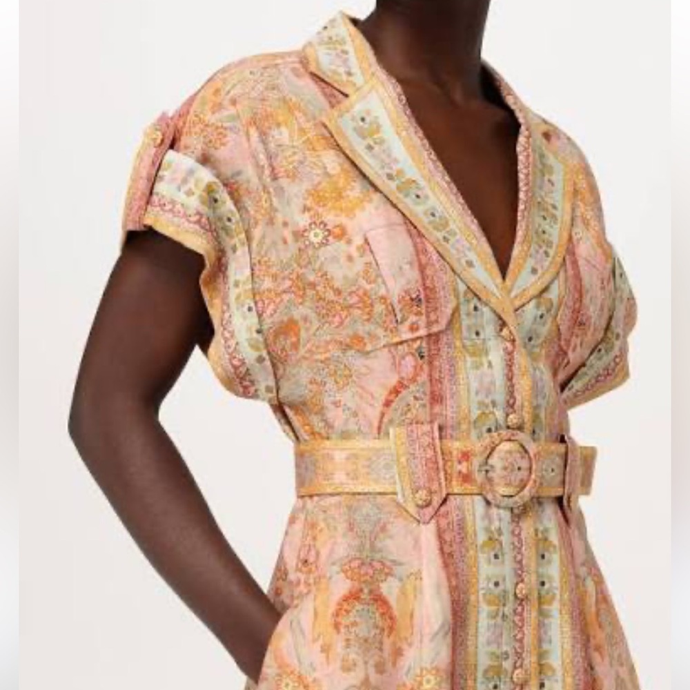 Floral Belted Dress with Pink and Orange Accents